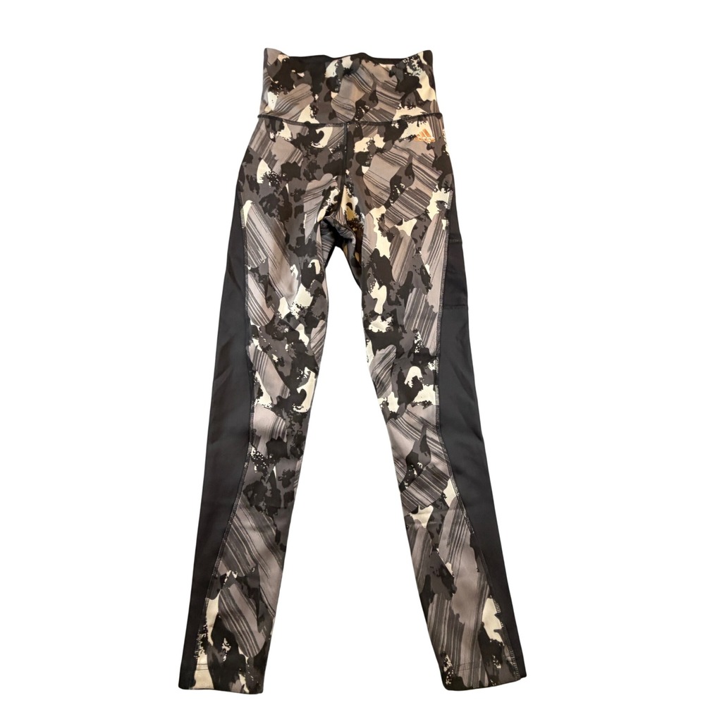 Adidas Womens Camo Print High Waisted Leggings Gray Black XS Side Pocket